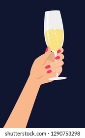 Hand holding a glass with champagne. Vector illustration.