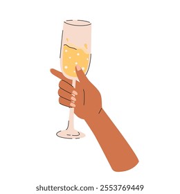 Hand holding a glass of champagne. Vector illustration on white background.