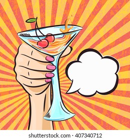 Hand holding glass of cocktail with speech bubble for invitation text in pop art retro comics style.