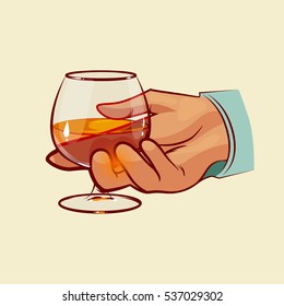 hand holding glass of cognac, vector illustration for poster, banner, invitation design, alcoholism concept, drink the distillate brandy or cognac