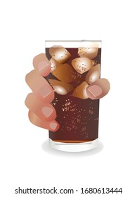 Hand holding a glass with cold cola soft drink beverages with ice isolated on white background illustration vector
