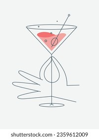 Hand holding glass of cosmopolitan cocktail drawing in flat line style