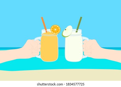 Hand is holding the glass cup of orange and apple smoothie at the beach with the sea. A cold soft drink for summer. Healthy beverage. Travel advertisement. Tropical vacation. Holiday trip.