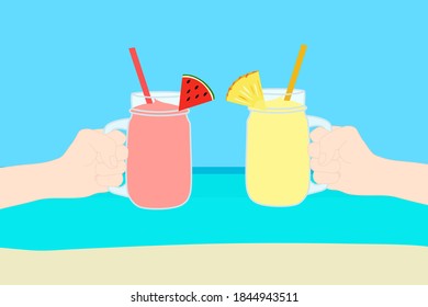 Hand is holding the glass cup of watermelon and pineapple smoothie at the beach with the sea. A cold soft drink for summer. Healthy beverage. Travel advertisement. Tropical vacation. Holiday trip.