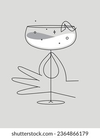 Hand holding glass of daiquiri cocktail drawing in flat line style on grey background