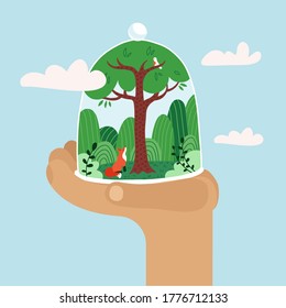 Hand holding glass done with forest. Concept of climat change, ecological and deforestration, Earth Day, Enviroment day, Earth hour. Protect the forest. Green trees with fox. Flat vector illustration