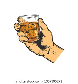 Hand holding glass with drink. Vector illustration.