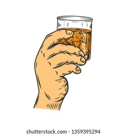 Hand holding glass with drink. Vector illustration.