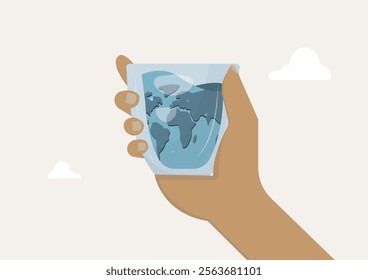 Hand Holding Glass with Earth Design. hand holding a glass containing water shaped like Earth's continents, symbolizing global water conservation and unity. World water day illustration. Save water