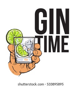 Hand holding glass of gin, vodka, soda water with ice and lime, sketch style vector illustration for poster, banner, invitation design. Hand drawing of male hand with alcohol drink, gin time concept