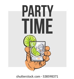 Hand holding glass of gin, vodka, soda water with ice and lime, sketch style vector illustration for poster, banner, invitation template. Hand drawing of hand with alcohol drink, party time concept