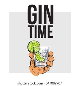 Hand holding glass of gin, vodka, soda water with ice and lime, sketch style vector illustration for poster, banner, invitation design. Hand drawing of male hand with alcohol drink, gin time concept