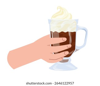 Hand holding glass of Irish coffee with whipped cream. Cozy hot drink in transparent cup. Flat style vector illustration drawing for card, banner, poster, print and warm beverage design element.