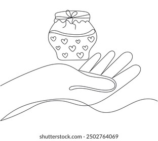 Hand holding Glass jar with hearts inside drawn with continuous line. Vector illustration of love, friendship, charity concept, in minimalistic one line style