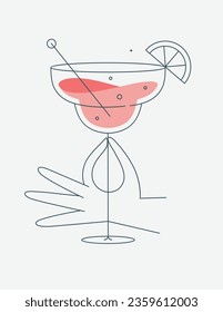 Hand holding glass of margarita cocktail drawing in flat line style