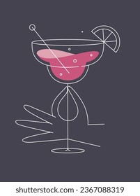 Hand holding glass of margarita cocktail drawing in flat line style on dark blue background