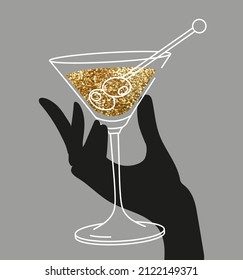 Woman’s hand holding glass of martini with olives. Flat illustration for greeting cards, postcards, invitations, menu design. Line art template