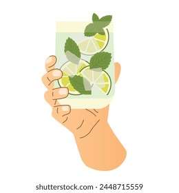 hand holding glass with mojito summer cocktail adorned with fresh mint leaves and lime slices- vector illustration