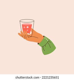 Hand holding glass off wine or festive alcohol drink, flat vector illustration isolated on background. Having holiday party and celebration fun concept.