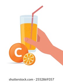 Mano sosteniendo el vaso de jugo de naranja ilustración de stock. Fuentes de bebidas con vitamina C