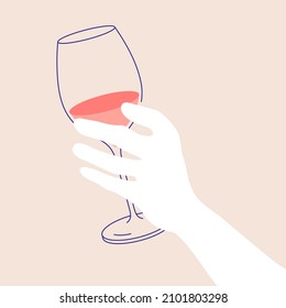 Woman’s hand holding glass os white wine. Flat illustration for greeting cards, postcards, invitations, menu design. Line art template