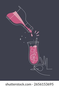 Hand holding glass of pina colada cocktail and bottle drawing in flat line style on dark blue background