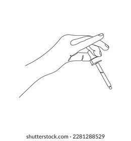 Hand holding glass pipette. One line art. Hand with a dropper take a drop of serum. Skin care concept. Hand drawn vector illustration.