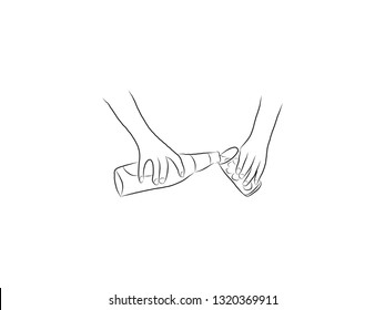 Hand holding glass, pouring drinks  drawing with line-art on white backgrounds.vector illustration.