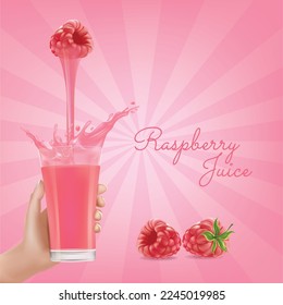 Hand holding a glass of raspberry juice.Canned raspberry juice illustration vector