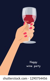 Hand holding a glass with red wine. Vector illustration.