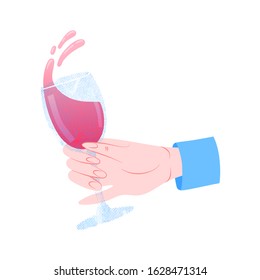 Hand holding a glass of red wine. Party illustration. Trendy flat style. Art for different purposes. Ready-to-use design template. Vector illustration.