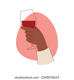 Hand holding a glass of red wine. Vector illustration in flat style