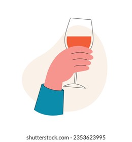 Hand holding a glass of red wine. Vector illustration in flat style