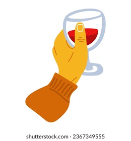 A hand holding a glass of red wine in a flat style. Bright colors of the hand with a glass. A hand with a glass in a sweater. Festive meeting with wine, drinking, clinking glasses. Isolated on a white