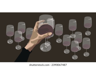 Hand holding glass of red wine in front of table full with glasses of more red wines