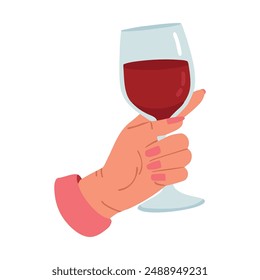 Mano sosteniendo un vaso de vino tinto. Ilustración vectorial en estilo plano