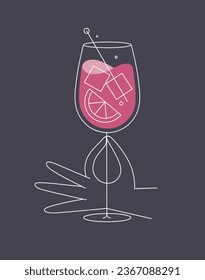 Hand holding glass of spritz cocktail drawing in flat line style on dark blue background