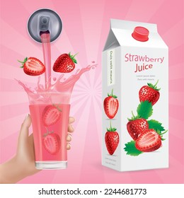 Hand holding a glass of strawberry juice.Box strawberry juice. illustration vector