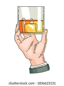 Hand holding glass with strong drink whiskey. Vintage hand drawing vector illustration. Drink tequila or whiskey, beverage booze in hand. Glass of whiskey with ice isolated on transparent background