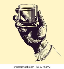 Hand Holding Glass With Strong Drink. Vintage Hand Drawing Vector Illustration. Drink Tequila Or Whiskey, Beverage Booze In Hand