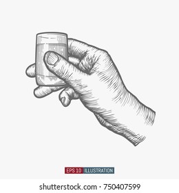 Hand holding glass. Template for your design works. Engraved style vector illustration.