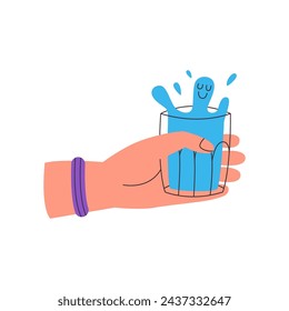 Hand holding glass of water. Water character in glass. Drink water concept. Flat vector illustration isolated on white background.