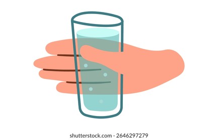 Hand holding glass of water. Drink more water concept. Vector illustration hand drawn , isolate on white background .