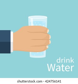 Hand holding a glass with water isolated on background. Vector illustration flat design. Drink water. Quench thirst.