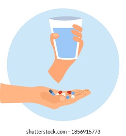 Hand Holding A Glass Of Water And Some Medicine Tablets In Flat Design On White Background. Patient Taking Medicine. Healthcare Concept.