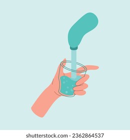 Hand holding a glass of water under a faucet from which water flows. Simple vector illustration with outline. Blue colors, water balance element, flat style sticker