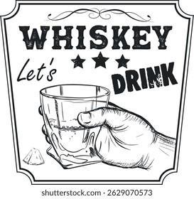 Hand holding a glass of whiskey, marker drawing, sketch, drink. Poster for pub, bar, drink party, strong alcohol, rum, brandy, scotch with ice