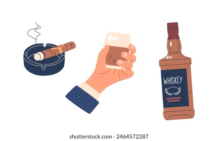 Hand Holding A Glass Of Whiskey Next To A Bottle And An Ashtray With A Smoking Cigar. Vector Set Related To Tasting