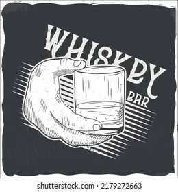 A hand holding a glass of whiskey, t-shirt design