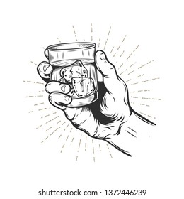 Hand holding glass of whiskey. Vintage style. Vector illustration. 